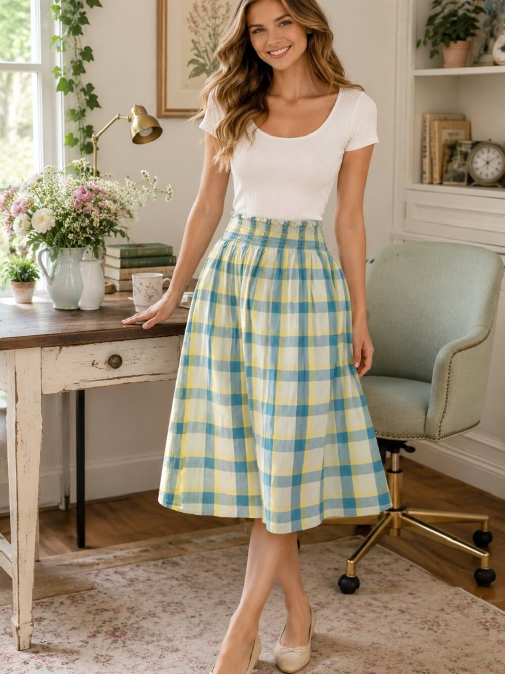 a.n.a. Women’s Skirt Plus XXL Plaid Elastic Waist Pockets Easy Care Casual Green
